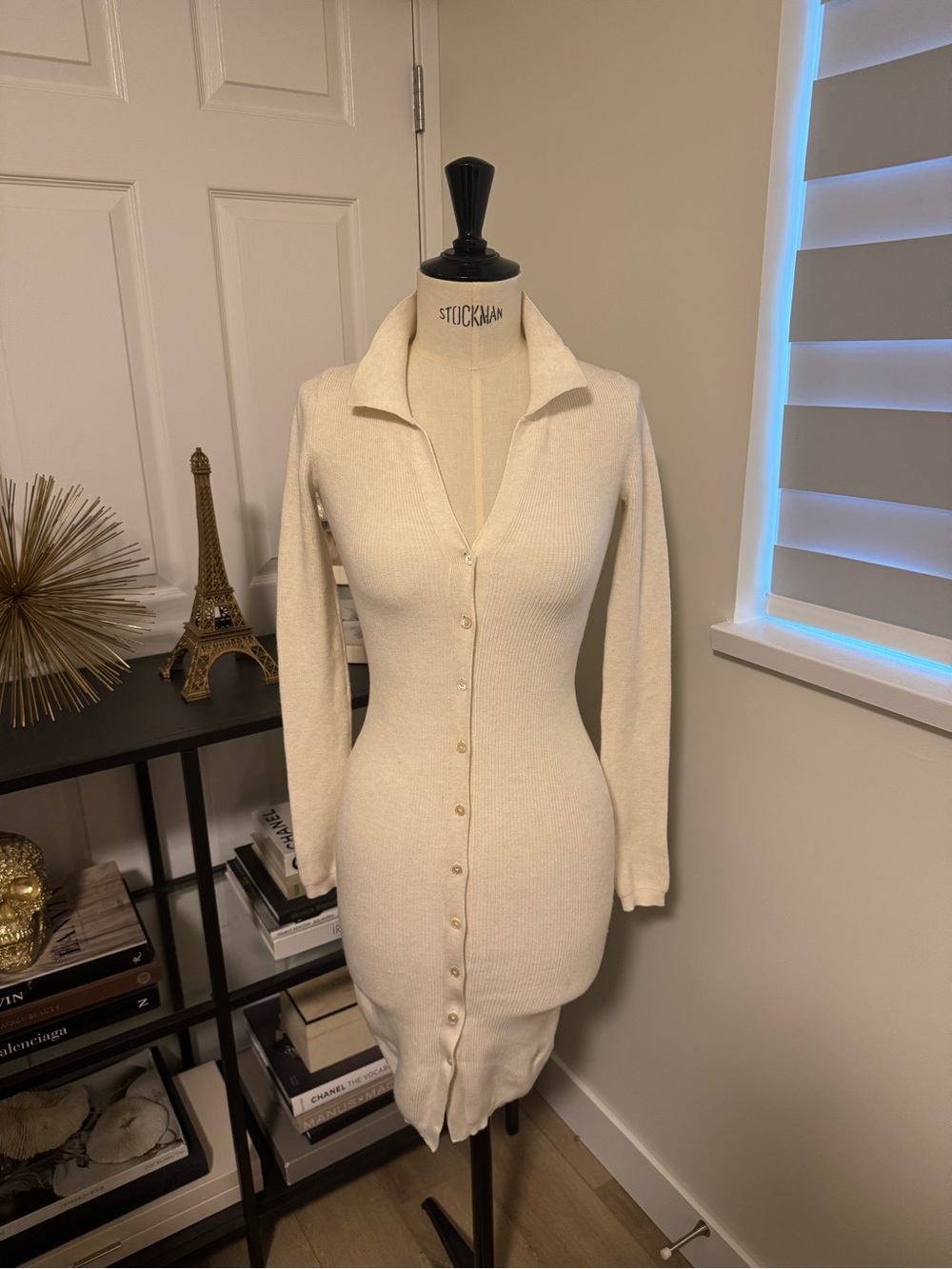 Aritzia Wilfred Cream Button-Front Ribbed Knit Dress 2xs